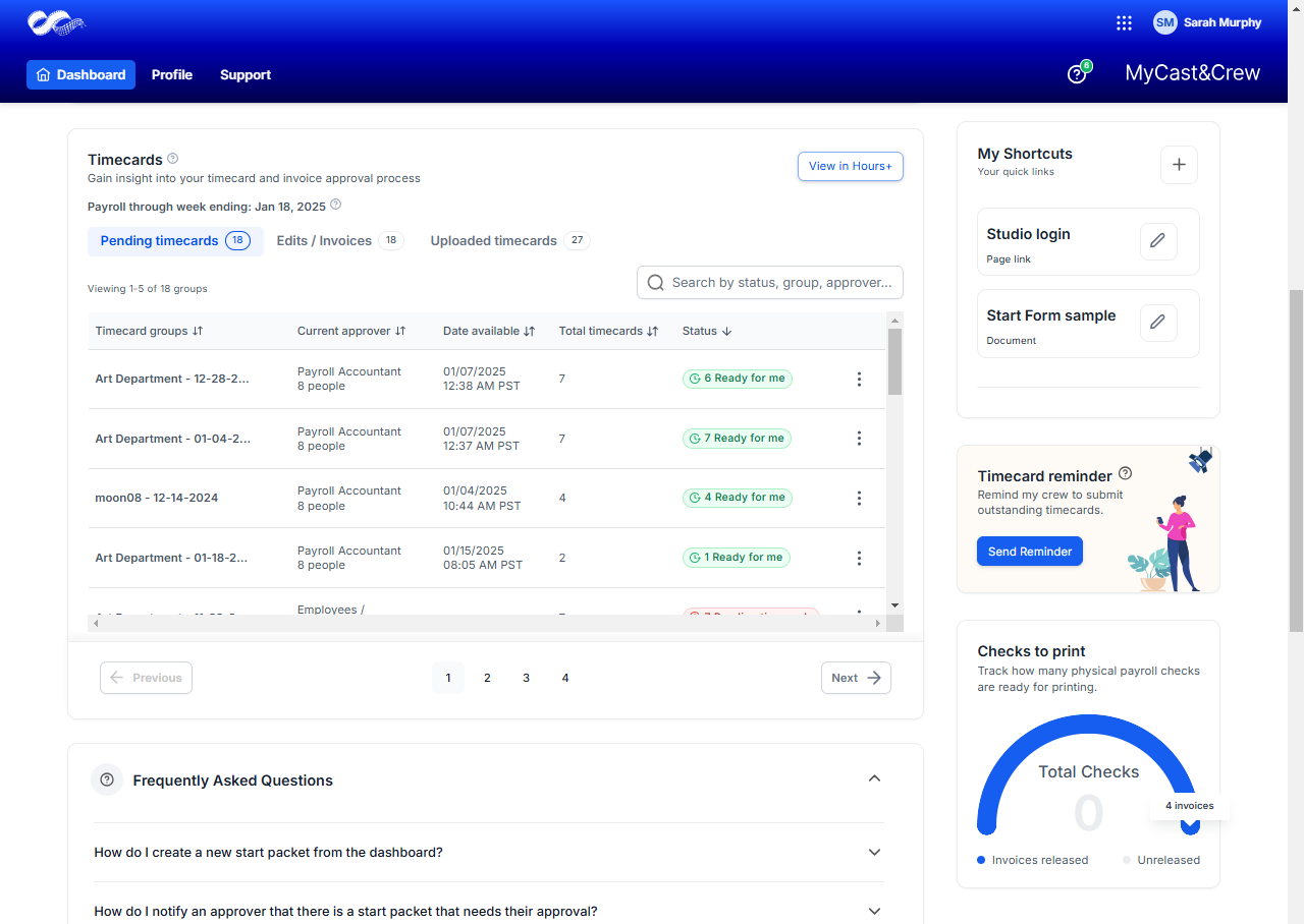 Payroll Dashboard Timecards, My Shortcuts, Checks to Print, and FAQ widgets